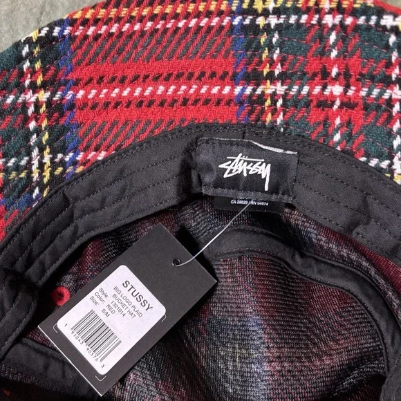 NWT Stussy Big Logo Plaid Bucket Hat Red S/M Y2K 90s Style Streetwear - Picture 4 of 6